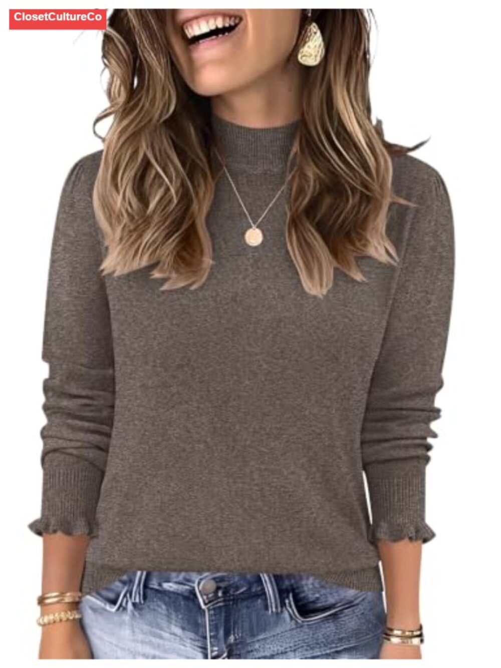 Wool Blend Mock Neck Knit Sweater Pullover Long Sleeve Ruffled Cuffs